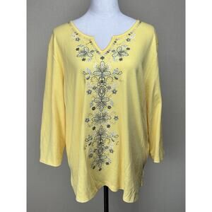 ALFRED DUNNER Women’s Sz XL 3/4 Sleeve Yellow Top V-Neck Embroidered Feminine